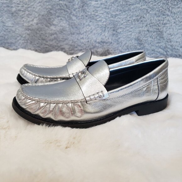 Coach Jolene Shiny Silver Metallic Penny Loafers Women's Sizes NEW Classic - Picture 5 of 12